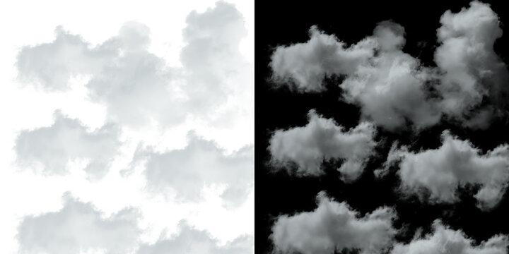 Realistic transparent clouds isolated on a checkered background for overlay and compositing.