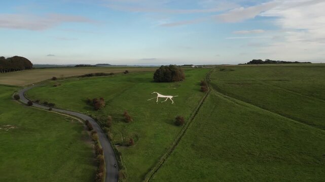 Travel and History: Aerial 4K Drone View of Historic Hackpen White Horse Chalk Hill Figure on Marlborough Downs in Wiltshire