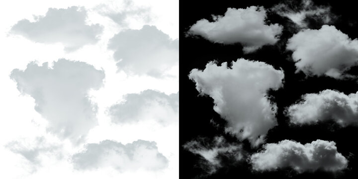 Realistic fluffy white cloud set isolated on transparent background for sky replacement and design.