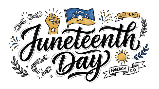 Juneteenth Day Freedom Day Doodle Vector Illustration: Hand-Drawn African American Emancipation Elements, Broken Chains, Juneteenth Flag, Raised Fist, and June 19 1865 Symbols