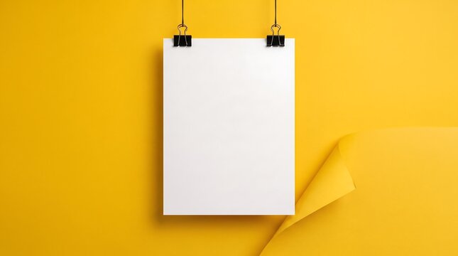 Blank White Paper Hanging with Binder Clips on Yellow Background