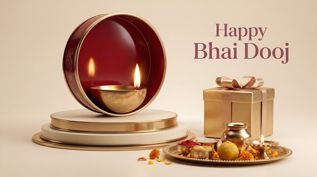 Happy bhai dooj greeting with traditional lit oil lamp and gift box festival greeting