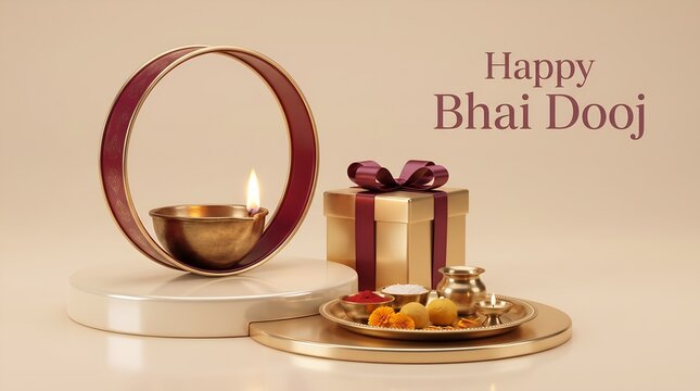 Happy bhai dooj greeting with traditional lit oil lamp and gift box festival greeting