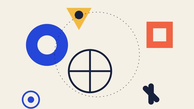 Abstract geometric composition with colorful shapes and minimalist design elements on a neutral background for modern artistic layout