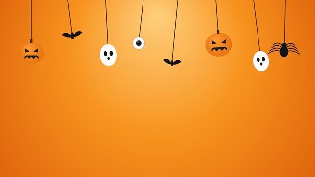 Cute Halloween hanging ornaments swinging on threads over bright orange gradient background with pumpkins ghosts and bats
