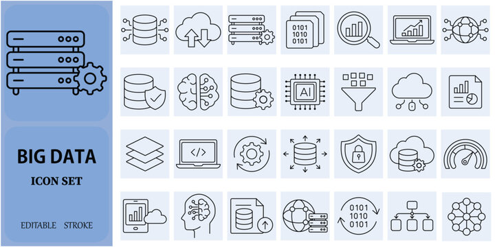 Big data line icon set featuring data storage, cloud computing, servers, analytics, AI, data security, processing, visualization, networking, and database management.