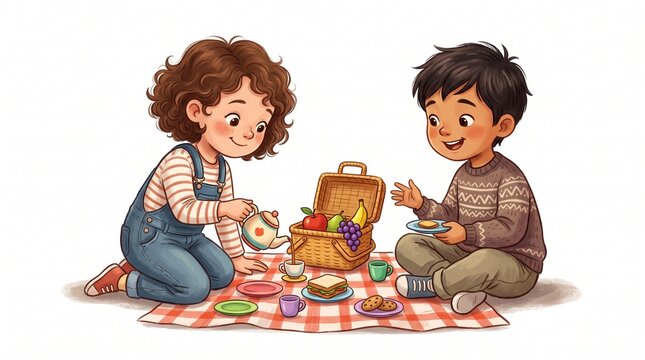Two young children enjoying a delightful picnic in the park. They are sitting on a checkered blanket, sharing snacks and drinks from a picnic basket. The girl is pouring tea.