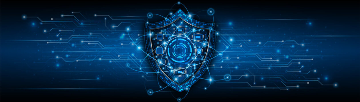 Abstract technology circuit board background with shield symbols concept of data protection and cyber privacy. modern security technology innovation concept background