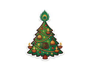 Colorful Flat Line Art Indian Christmas Tree with Peacock Feather Vector Icon Representing Cultural Fusion Asset © Mr. Akash