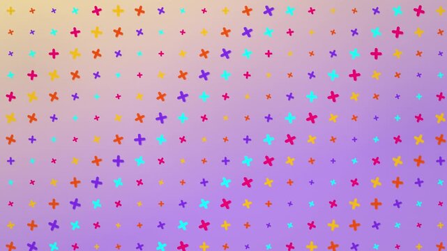 Colorful plus and cross symbols pattern on pastel gradient background, playful seamless looping motion animation