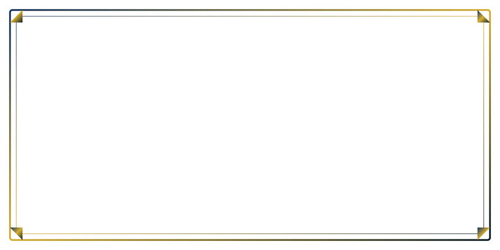Gold corner embellishments on thin gold rectangle frame on transparent background.