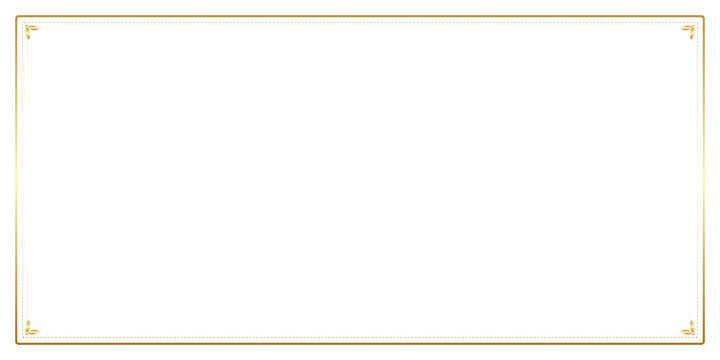 Minimalist golden rectangular frame design with decorative corners on transparent background.