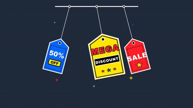 Mega discount big sale labels hanging on dark background. 4k