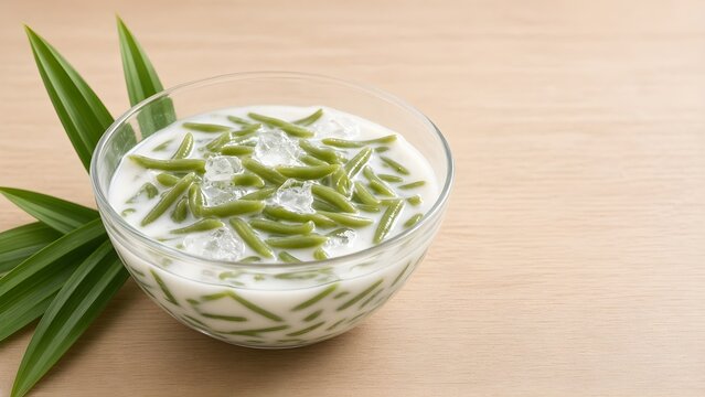 Thai dessert lod chong with green pandan rice flour noodles in coconut milk and crushed ice