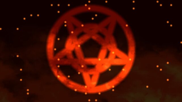 Glowing fire pentagram symbol burning with flaming light dark smoke and floating embers background animation