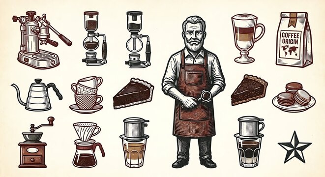 Vintage linocut coffee icon set, retro stamp cafe element bundle, rustic woodcut coffee shop illustration, hipster barista, espresso machine, siphon coffee, pour over, v60 drip clipart