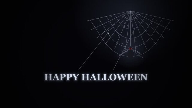 Animated Happy Halloween text title featuring a creepy black spider climbing a web with glowing red eyes