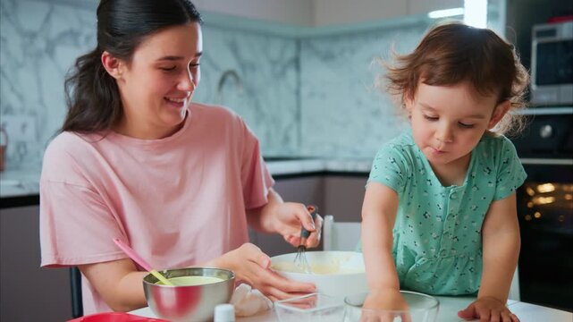 Woman smiles as child stirs batter together. Mother and daughter share joyful kitchen moment. Young girl focuses on whisking with eager curiosity. Perfect for family, parenting, or cooking content