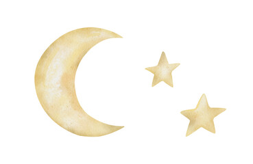 Hand painted watercolor celestial set with a pale yellow crescent moon and five pointed stars, soft muted tones, isolated on white background, cute night sky illustration for nursery decor, cards. © Ekatmart
