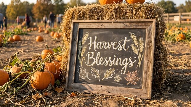 Harvest blessings sign on hay bale at a pumpkin patch with autumn decorations
