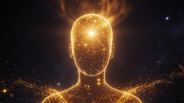 Mystical glowing silhouette of human figure with cosmic energy and radiant light