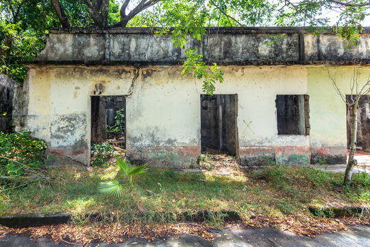 View of the ruins of Armero, featuring a weathered building facade with crumbling walls and overgrown vegetation in Armero, Tolima, Colombia.