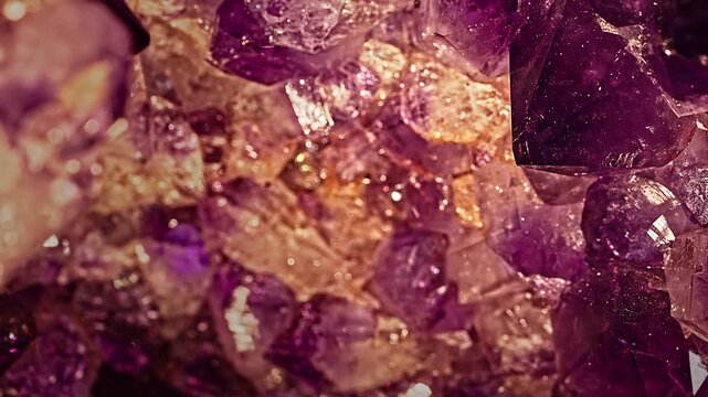 Large raw amethyst stone with rich purple crystal formations and warm golden reflections, photographed in close-up detail.
