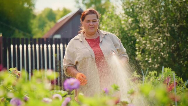 Woman waters garden with joy in golden sunlight. Soft spray arcs through colorful blooms. Green fence and rustic shed frame tranquil scene. Gardening delight radiates from smiling face