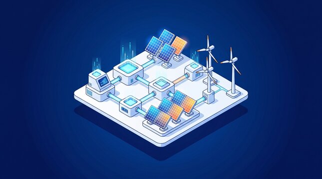Isometric 3d render of minimalist white futuristic solar energy station.
