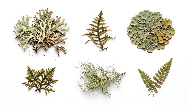 Collection of dried lichens, ferns, and mosses isolated on white background