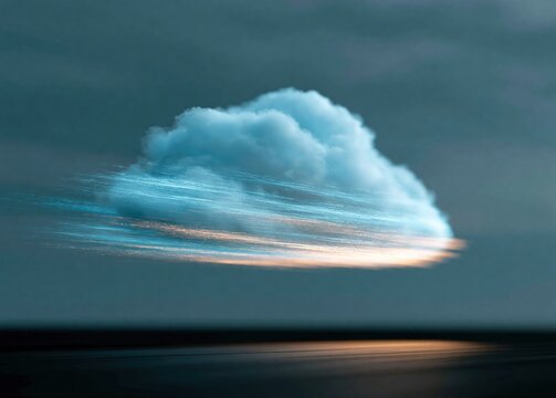 A glowing blue cloud icon made of light trails and data streams, moving at high speed with motion blur, representing cloud computing and fast internet.