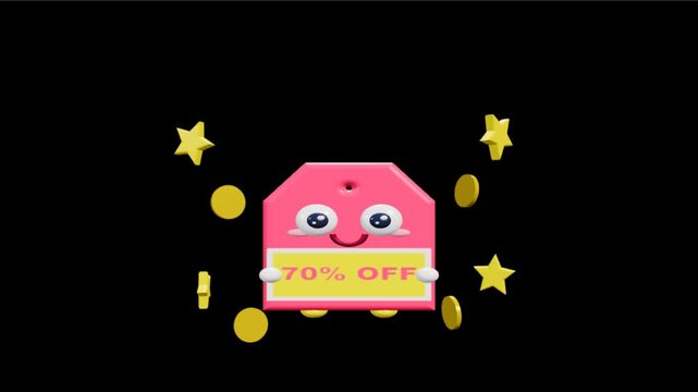 Mega discount big sale with cute pink 3d price tags and gold coins. 4k