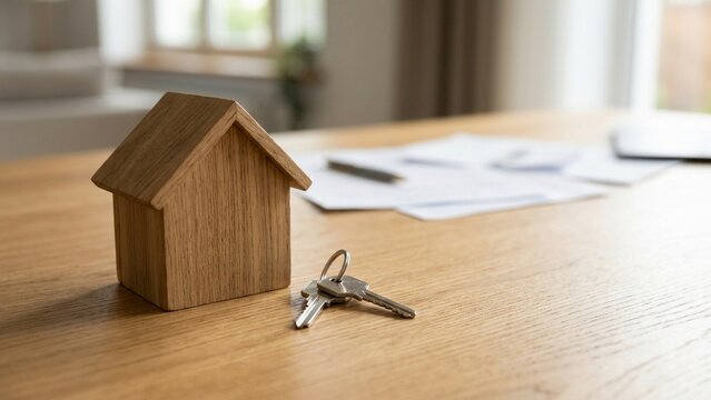 House keys with keychain on table, buying new home and real estate concept