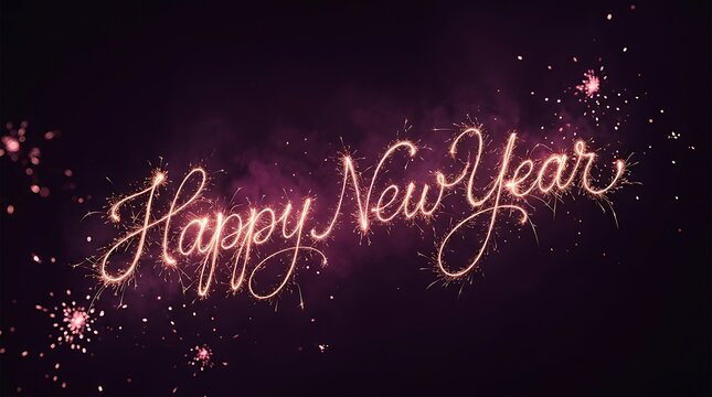 Elegant happy new year text design with sparkling lights on a dark background