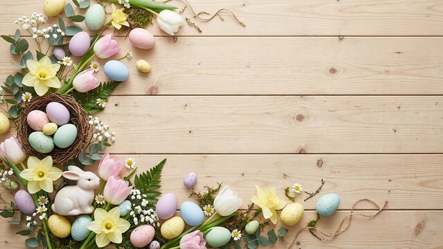 Happy Easter flat lay with colorful eggs and decorations, copy space