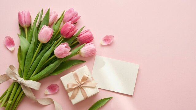 Bouquet of pink tulips with gift box, spring holiday and Mother's Day concept
