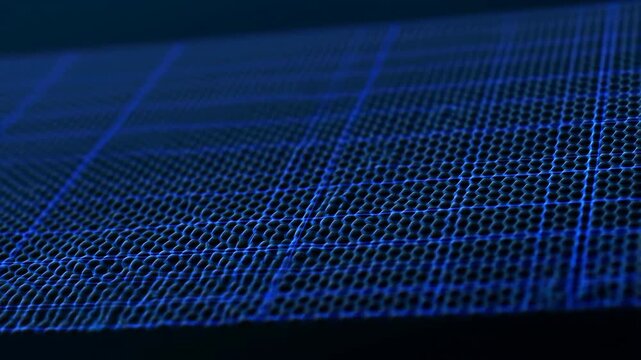 60 FPS Glowing blue hexagonal grid surface with sweeping light scan and shallow depth of field
