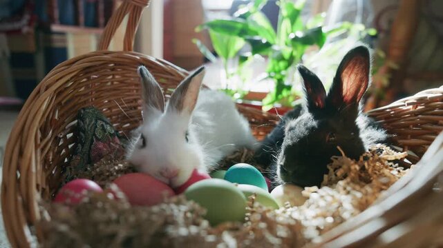 Two bunnies in a wicker basket near Easter eggs. Soft sunlight shines through window behind. One bunny is white, other is black. Bunnies sit among colorful, painted eggs. Hay fills basket around them