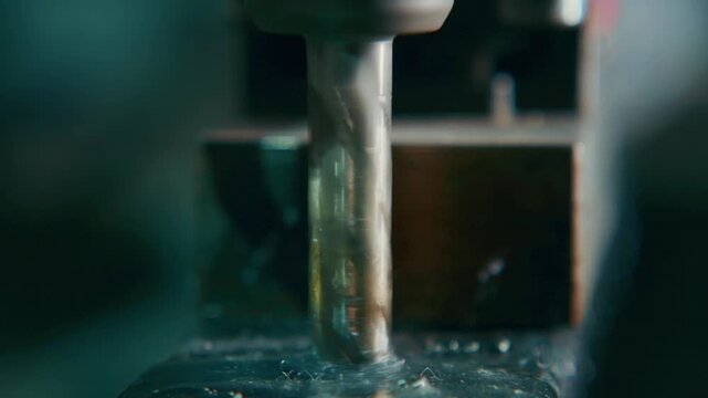 Drill bit spins into metal, creating sparks and coolant mist. Dark factory setting, focused on industrial precision. Metal shavings fly as tool forces through solid material