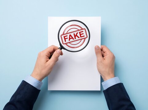 Businessman holding magnifying glass over paper with red fake stamp concept of fraud investigation document verification counterfeit detection compliance risk audit legal evidence
