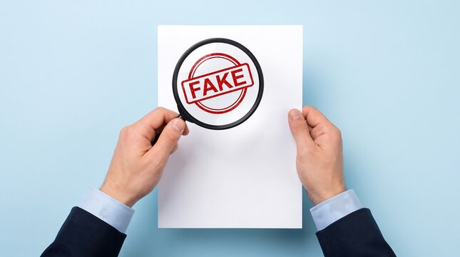Businessman hands holding a paper with a red FAKE stamp and magnifying glass icon. Concept of fraud, counterfeit, fake news, scam, and document verification on blue background.