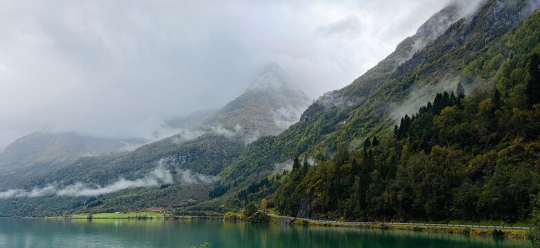 Foggy Mountain Peak Overlooking Oldevatnet Lake near Olden, Norway