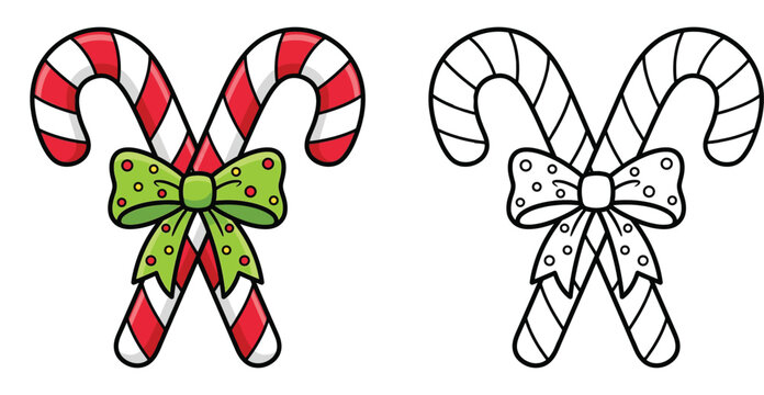 Christmas candy canes with festive green bow ribbon and black and white coloring page outline vector illustration