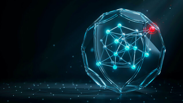 A 3D render of a futuristic digital shield protecting a complex glowing network with one red security threat node