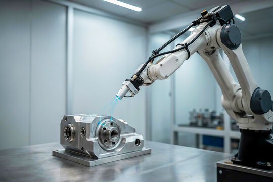 High-level description A photograph of an automated robotic arm performing laser scanning and quality inspection on a metallic mechanical part in a modern industrial factory setting