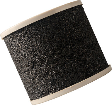 black granular activated carbon filter isolated white background, cylindrical water purification cartridge, industrial plumbing component in side view