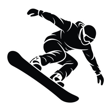 Snowboarder jumping silhouette vector illustration, dynamic athlete performing an aerial trick on snowy slopes for winter sports, extreme activities and outdoor adventure design.