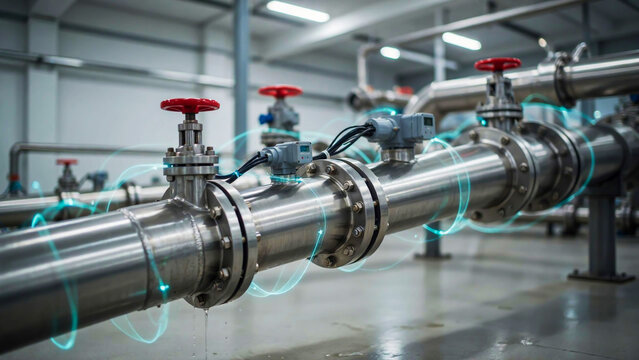 A photograph of a modern industrial facility showcasing stainless steel pipelines with red valves and glowing digital data streams