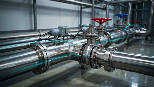 Industrial stainless steel piping system with valves and automated control sensors inside a modern manufacturing facility