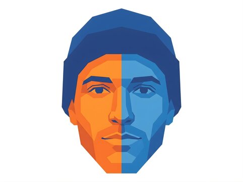 Geometric Low Poly Vector Portrait of a Young Man Wearing Beanie Hat in Split Tone Blue and Orange